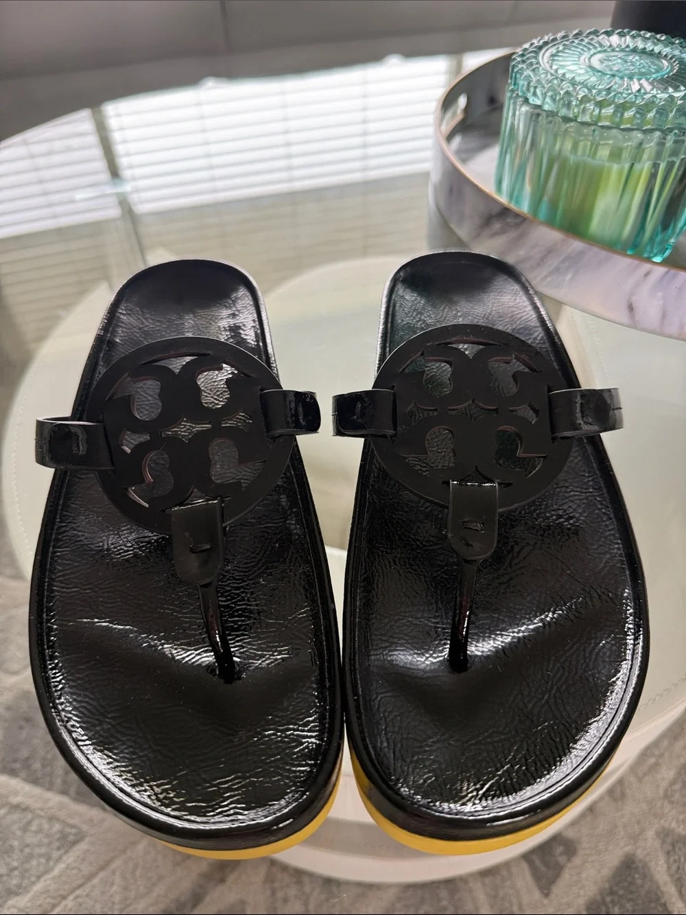Tory Burch Miller Cloud Lug Sandal Black Patent Thong with Yellow Platform 10